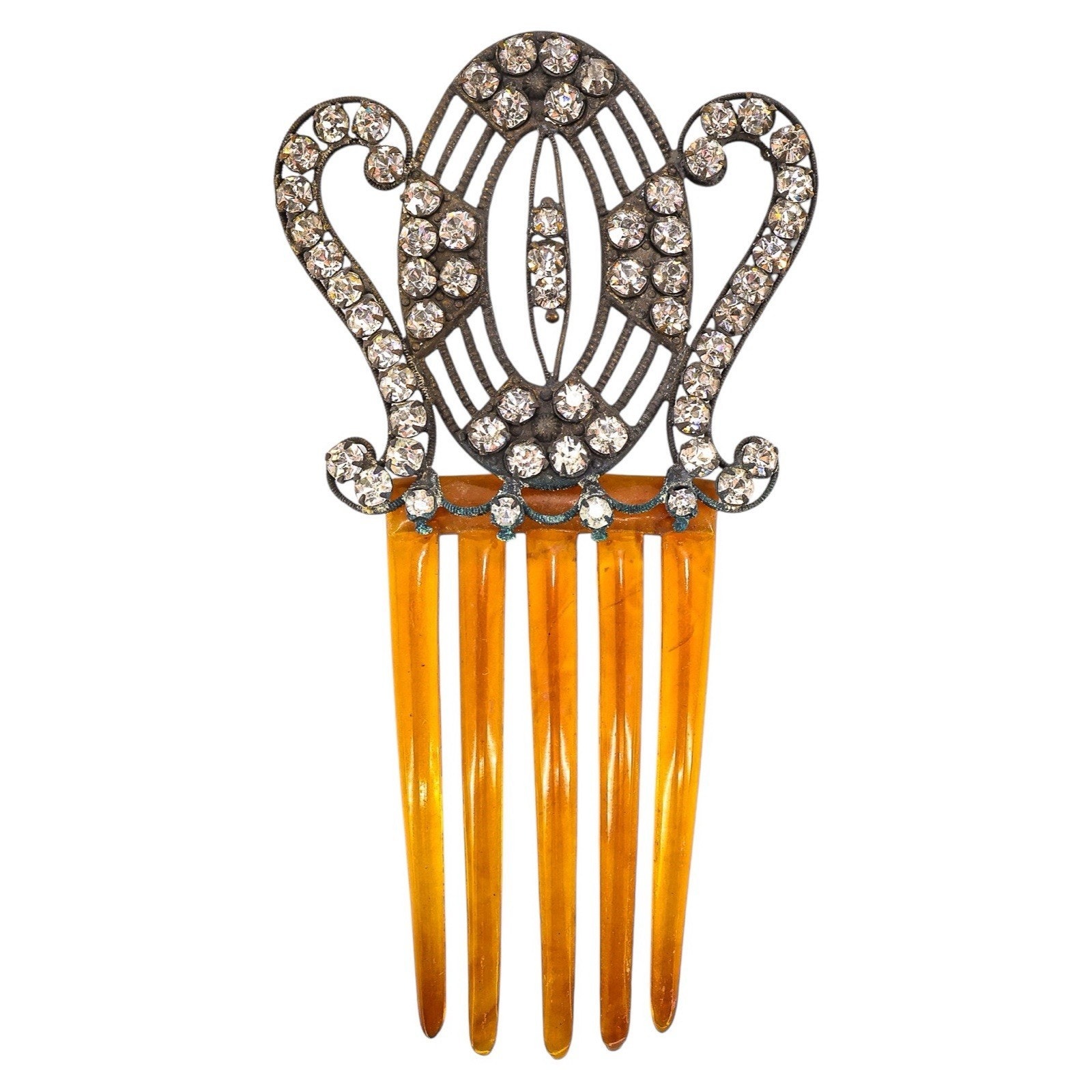 Antique Large Art Deco Celluloid Hair Comb Faux Tortoiseshell Rhinestone Tiara