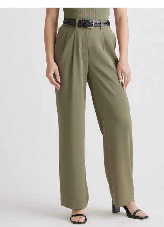 Quince Stretch Crepe Pleated Wide Leg Pant olive sz 4