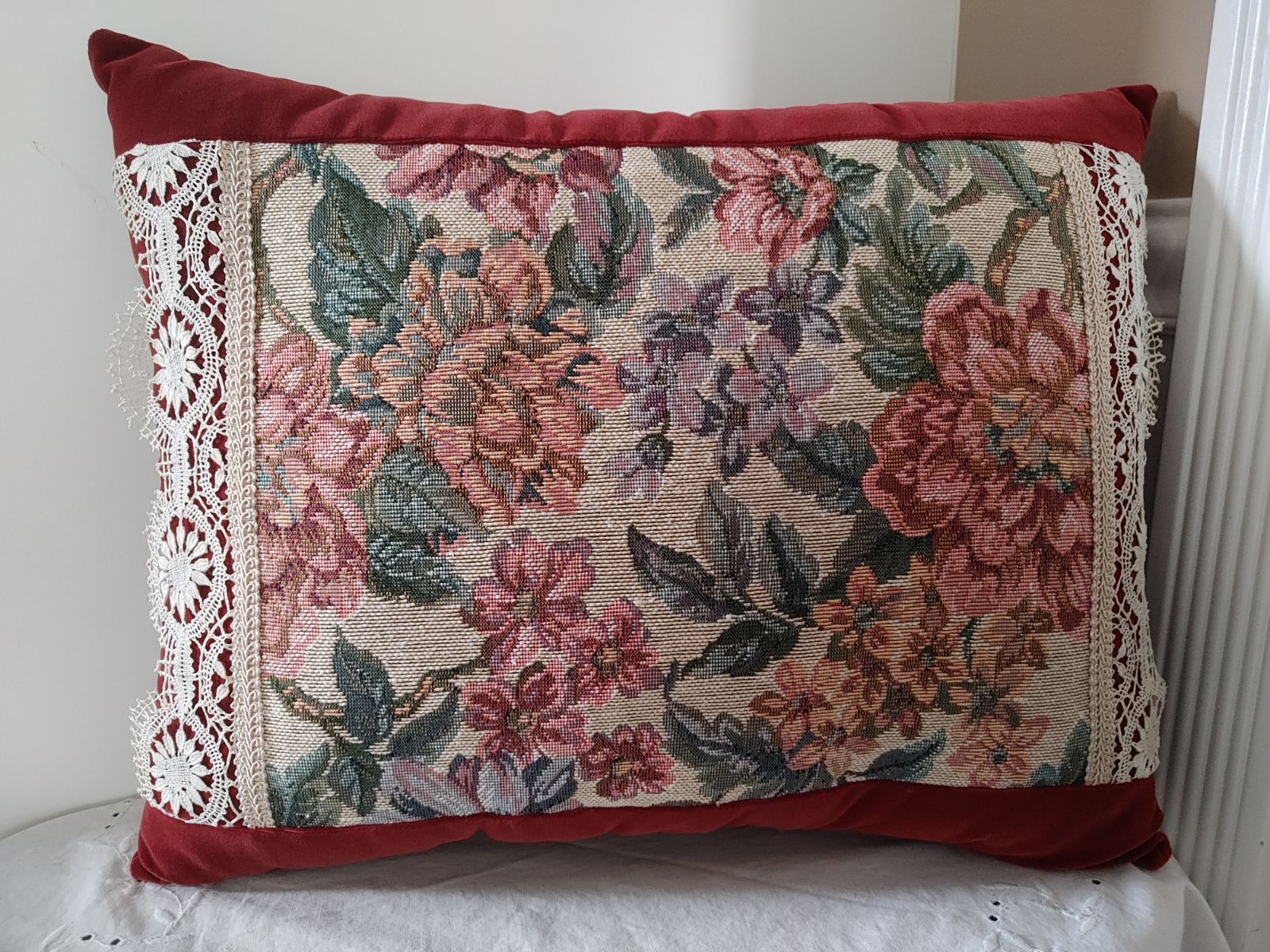 Pillow Tapestry & Velvet Vintage Trim