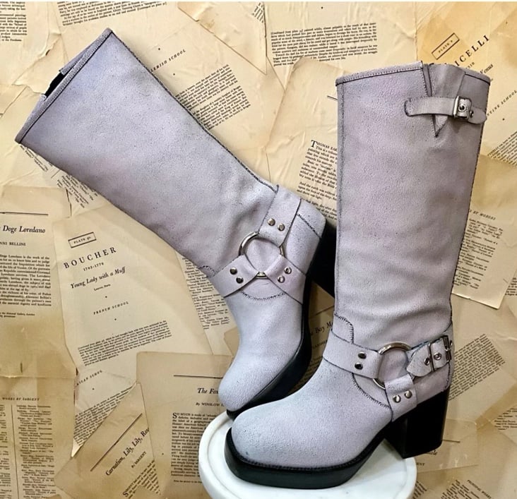 Anthropologie Jeffrey Campbell Tall Boots Harness Crackle Gray Leather
