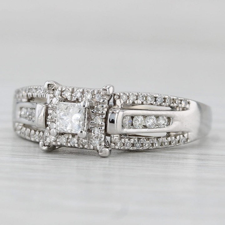 0.52ctw Princess Diamond Halo Engagement Ring 14k White Gold Size 9