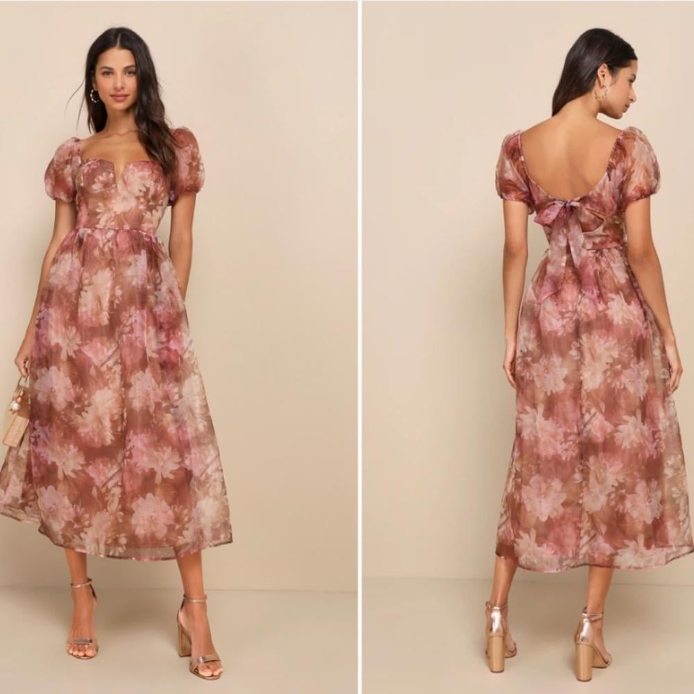 LULU's Wedding Flirty Floral Bustier Corset Puff Sleeve Romantic Midi Dress NWOT