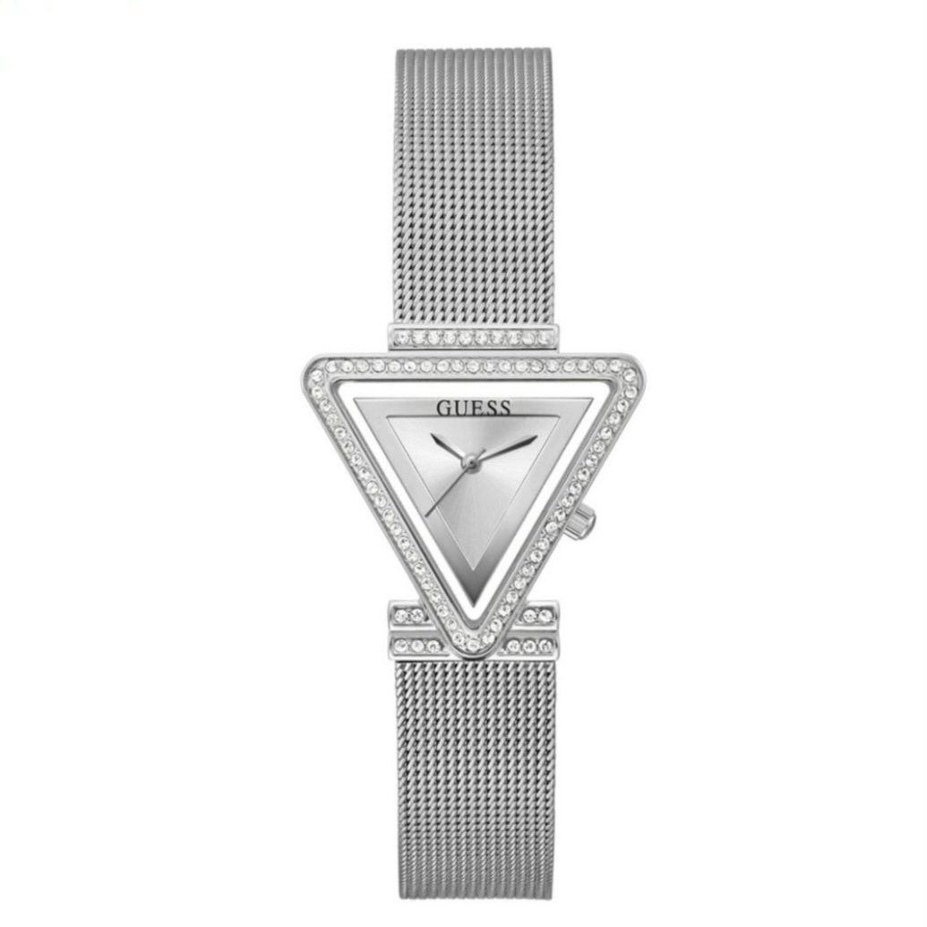 GUESS Fame Silver Rhinestone Quartz Triangle Mesh Wristwatch