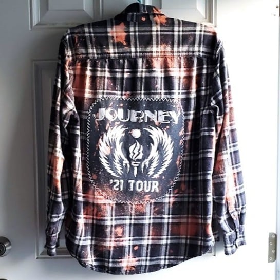 Upcycled Distressed Flannel Shirt JOURNEY 21 Tour Rock Band Graphic Tee on Back