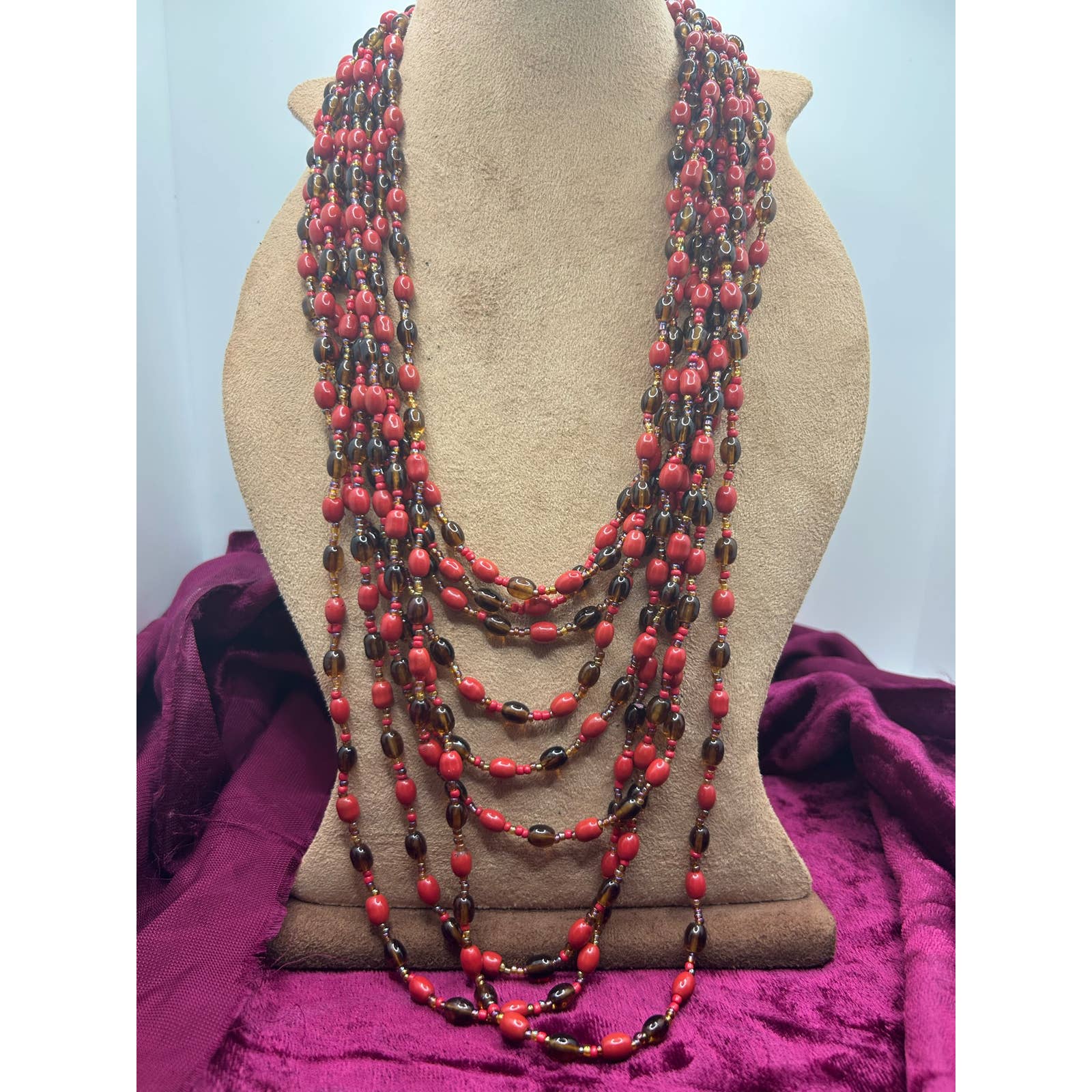 Nine multi strand necklace, burnt reds multicolors browns 14 inches super sharp