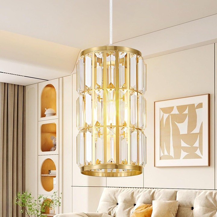 Gold Pendant Light Fixture with Crystal Glass Modern Round Adjustable Chandelier