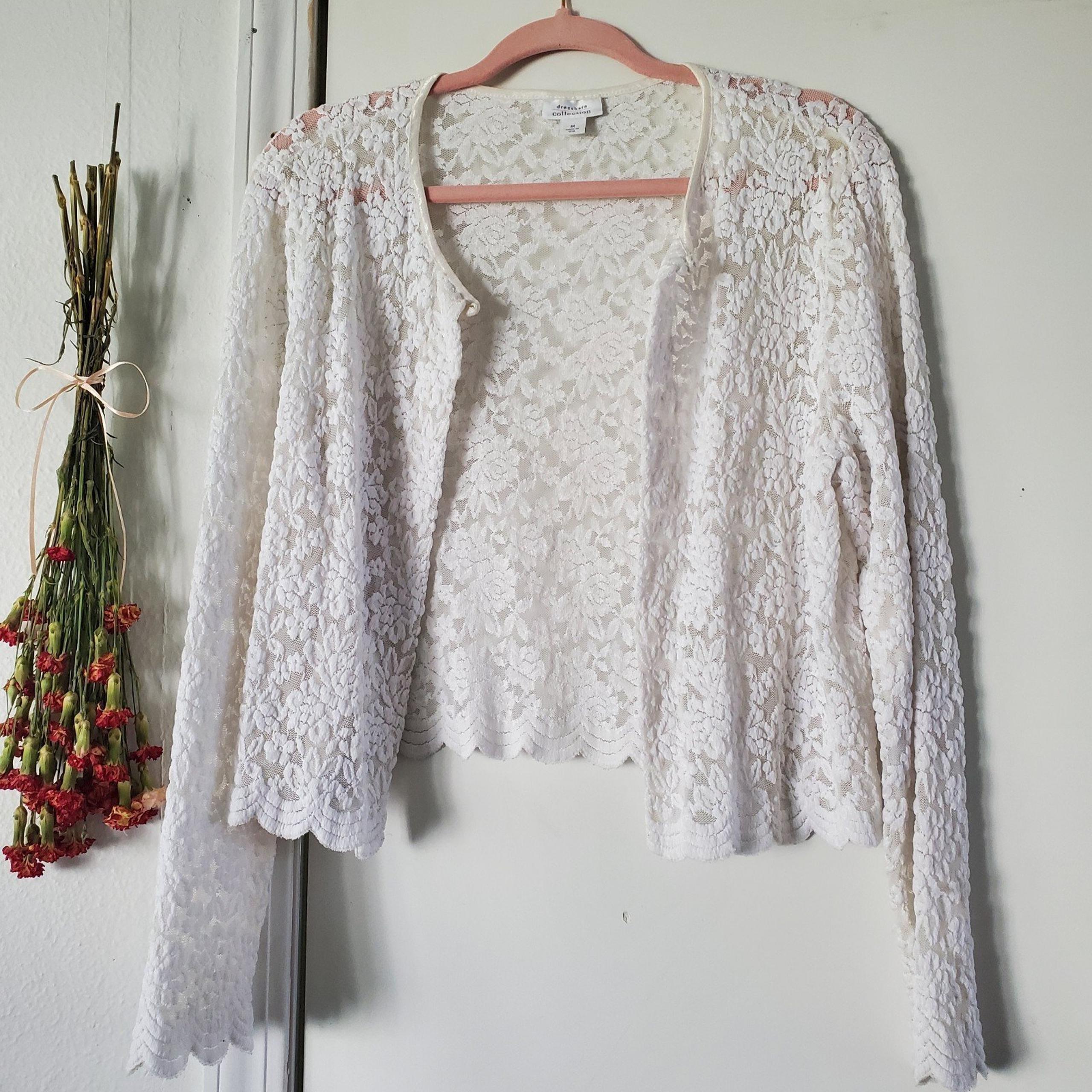 Dressbarn White Sheer Lace Floral Cardigan