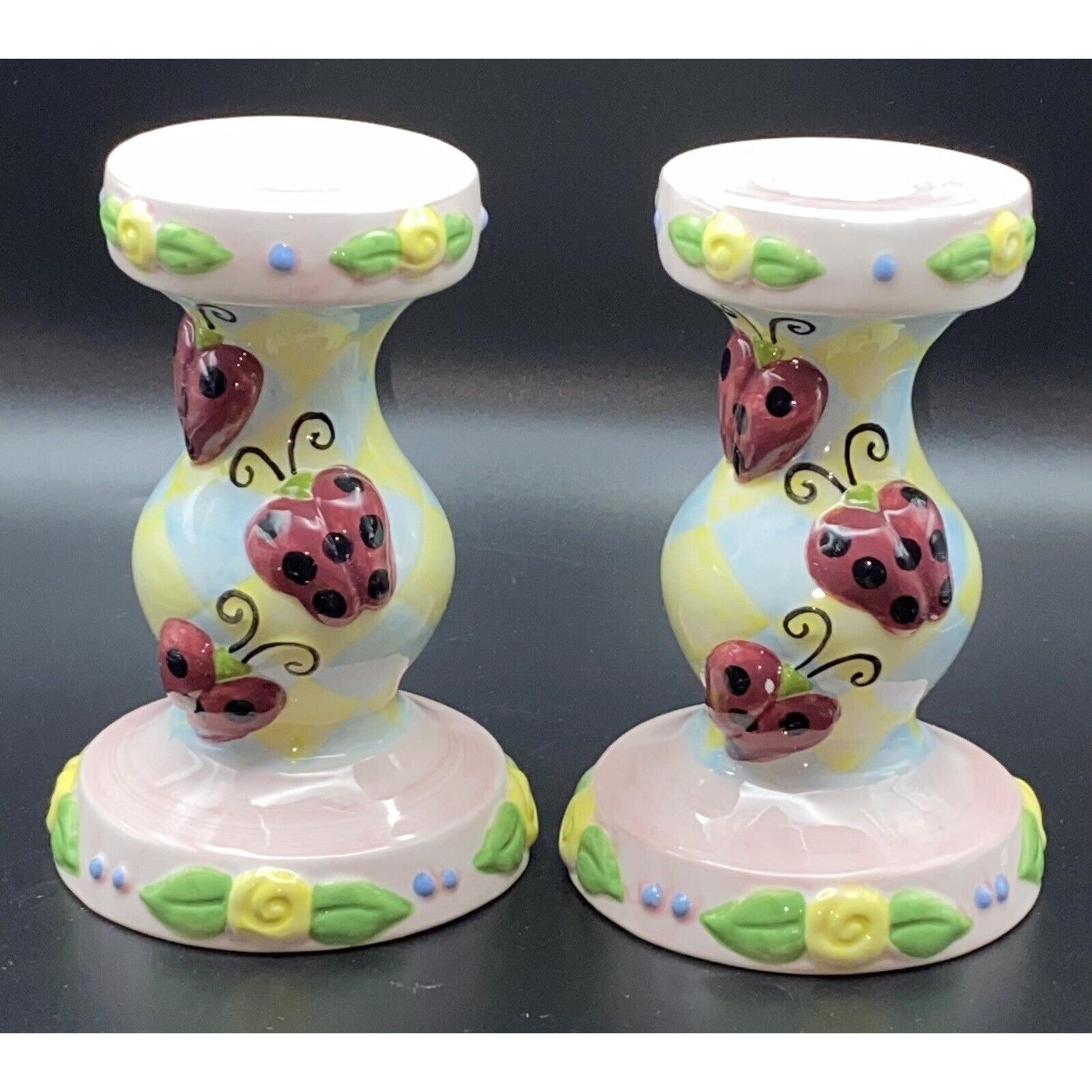Ladybug Shannon McGraw Ganz Spring Flower Floral Candle Candlestick Holders Set