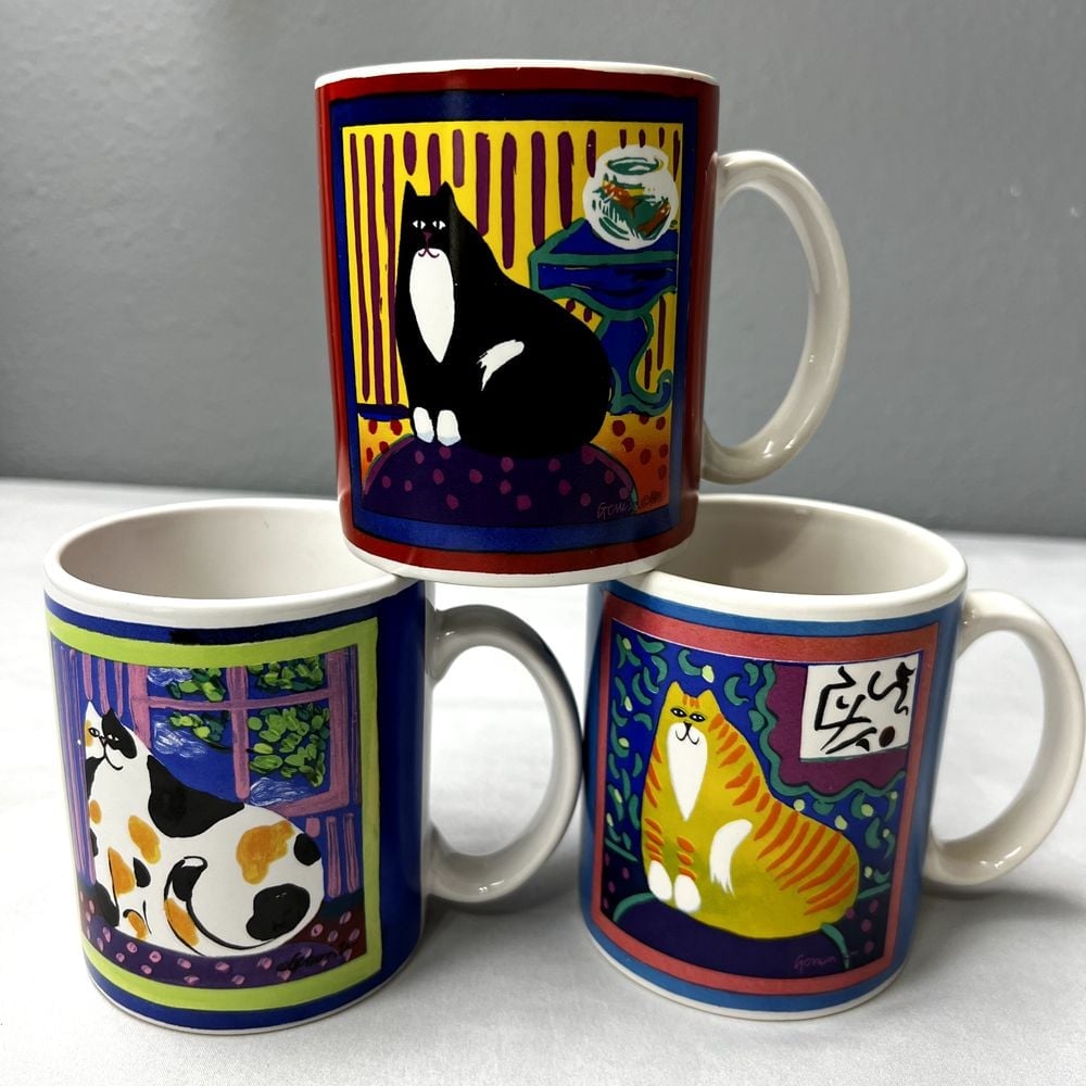 Set of 3 Rare Vtg 1992 Gerrica Connolly Calico Cat & Cypress Point Coffee Mugs