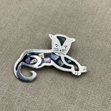 Womens Vintage Jewelry Signed Alpaca Mexico Paua Abalone Cute Cat Brooch Pin