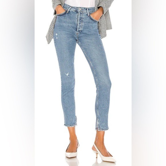 Agolde Women’s Nico High Rise Skinny Jeans Blue Size 24 Raw Hem Light Distress