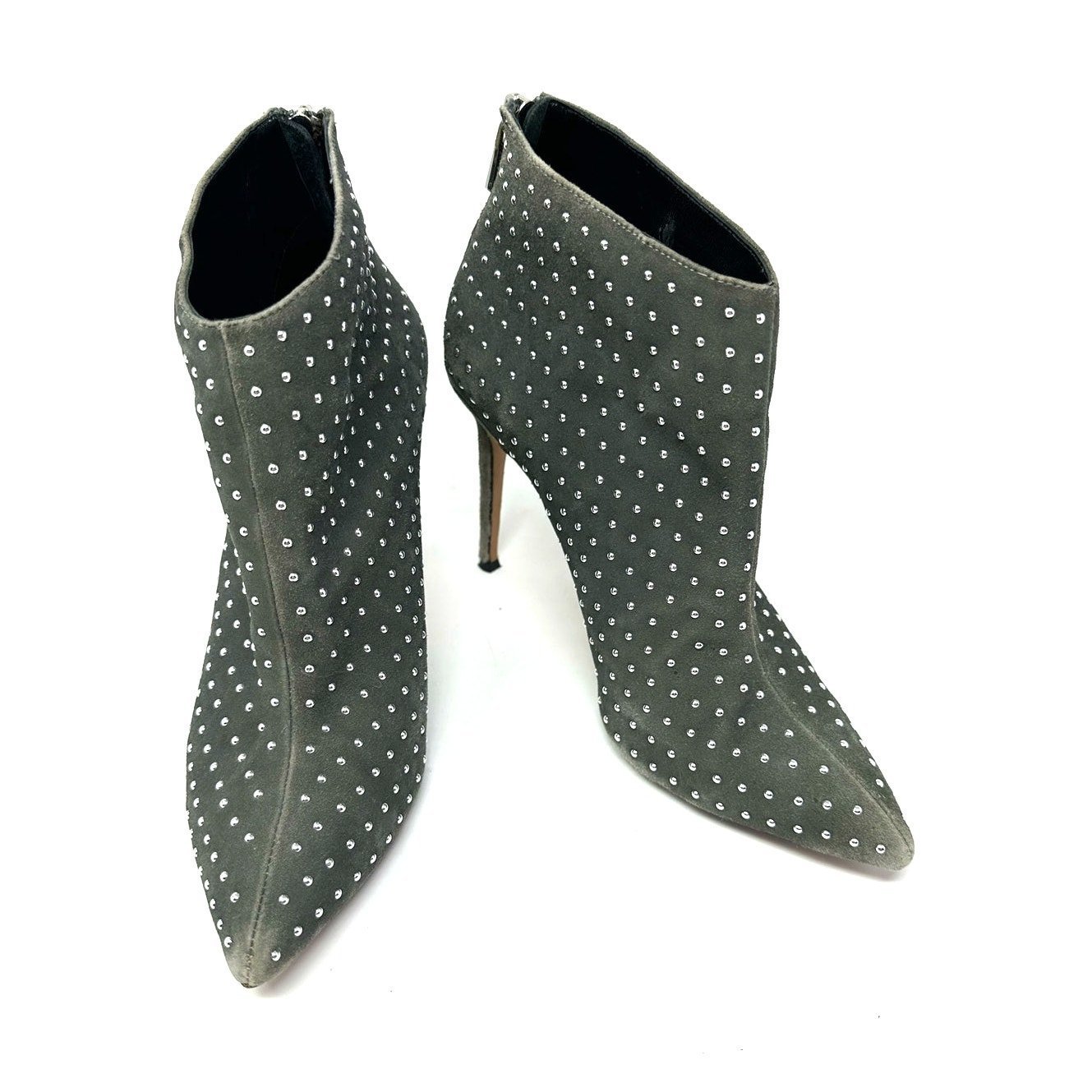 Raye Size 7.5 Boots Gray Rhinestone Studded 4 Heel Back Zip Bootie Pointed Toe