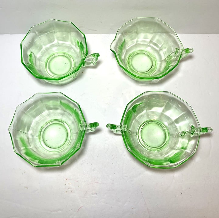 Vintage Depression Uranium Glass - Cream, Sugar & 2 Coffee Cups