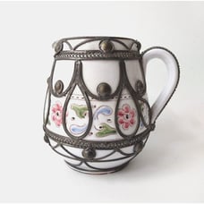 Antique Moroccan Clay Pottery Water Pitcher with Silver Nickle Filigree Overlay