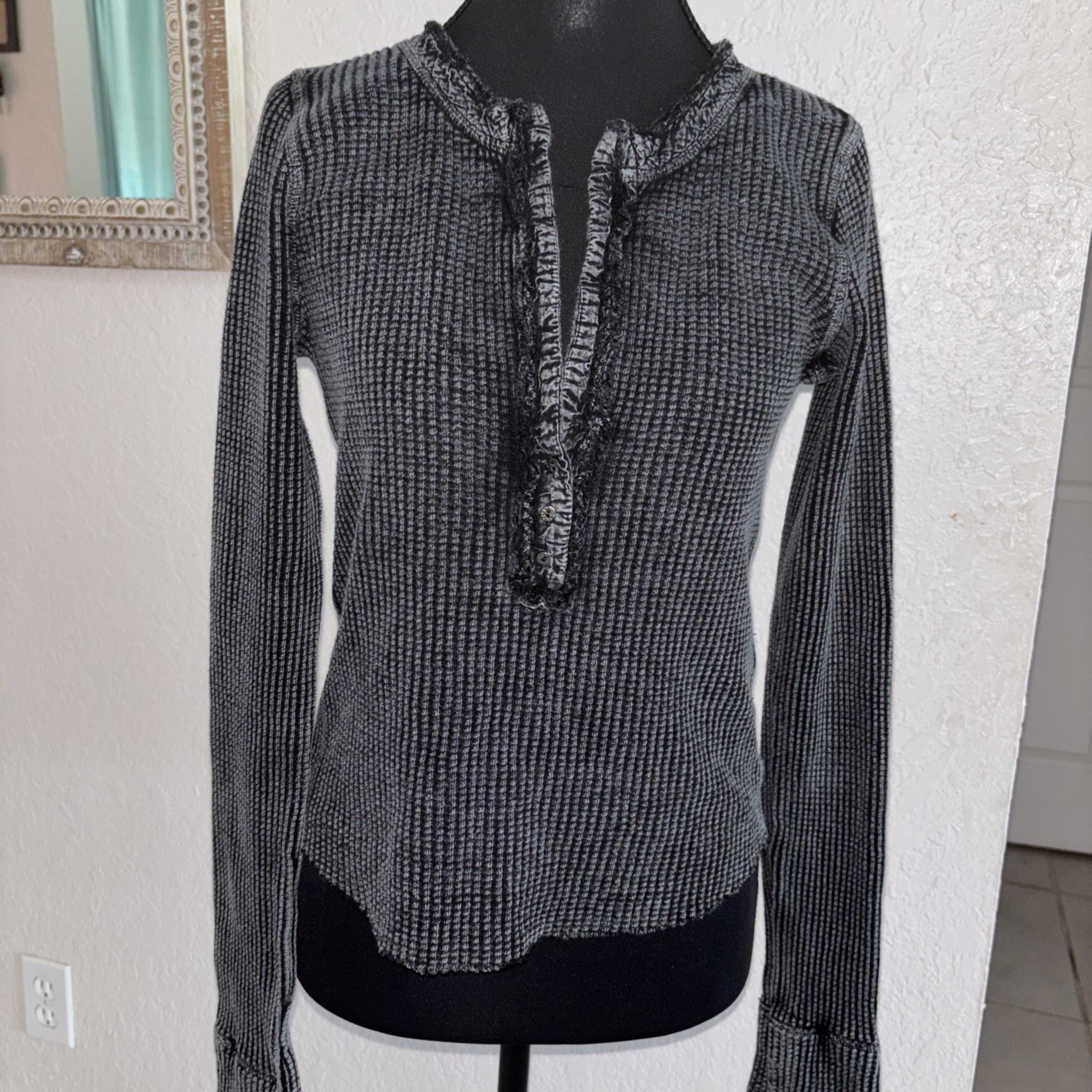 Free People FP One Colt Henley Waffle Knit Thermal Long Sleeve Top M Grey Boho