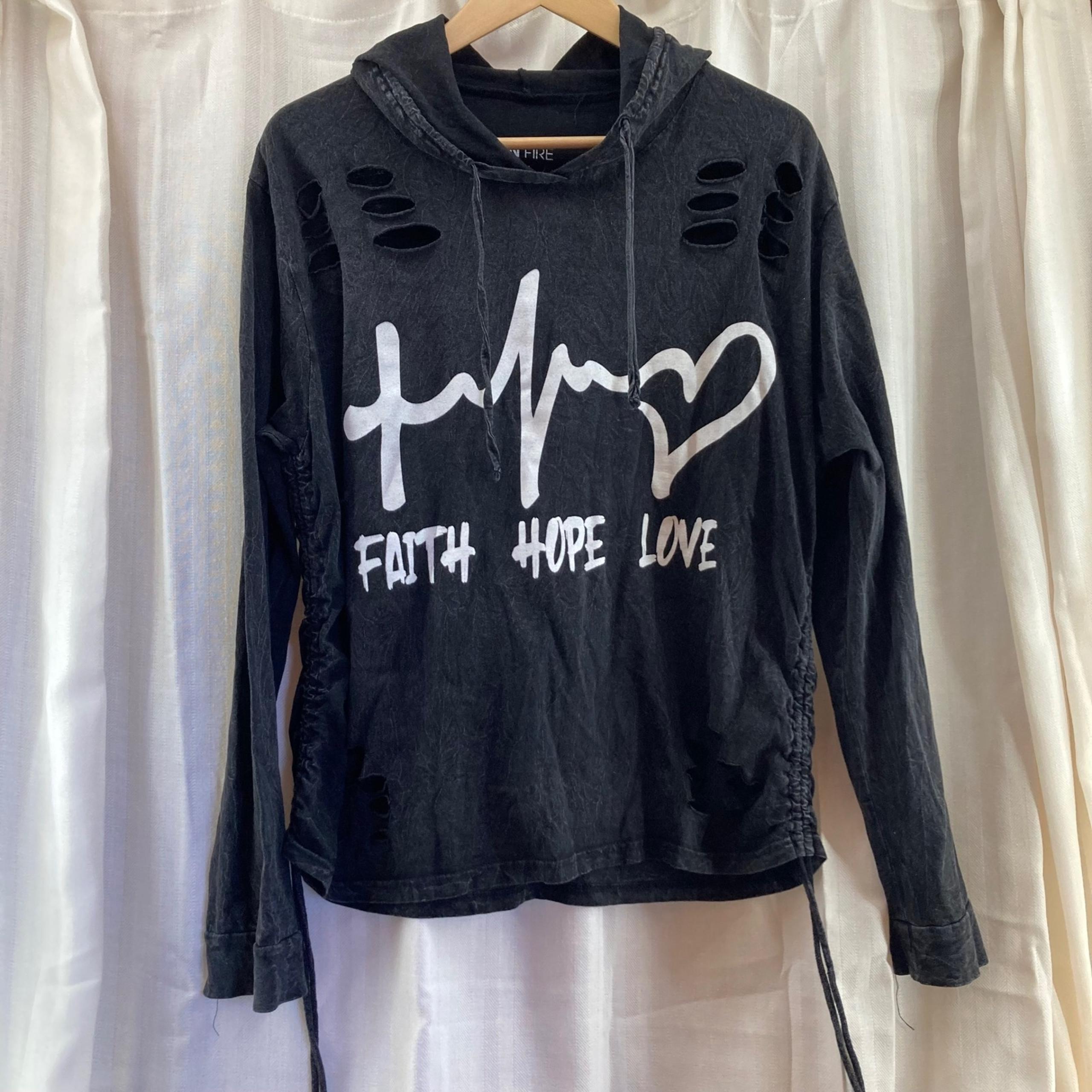 On Fire Distressed Hoodie Faith Hope Love Graphic Pullover 2X