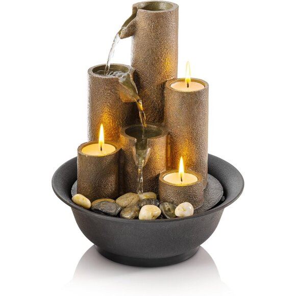 New 11In Indoor Tabletop Tiered Water Fountain with 3 Candles for Desk or Table