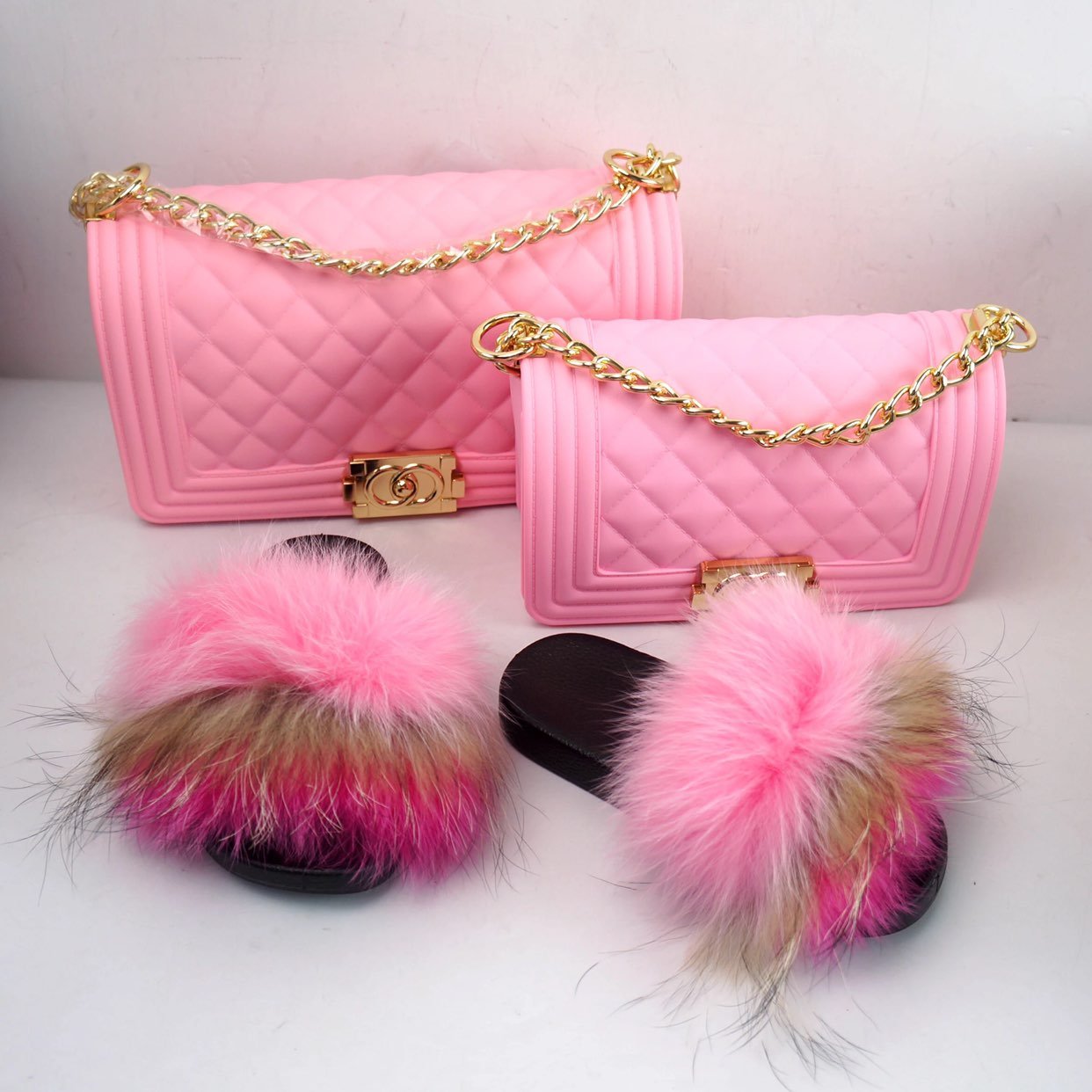 Pink matching set purse and slides