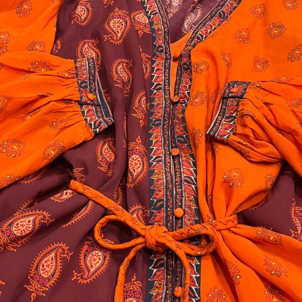 NWOT Sundance Boho Paisley Maxi Peasant Dress Orange Button Front Indian Cotton
