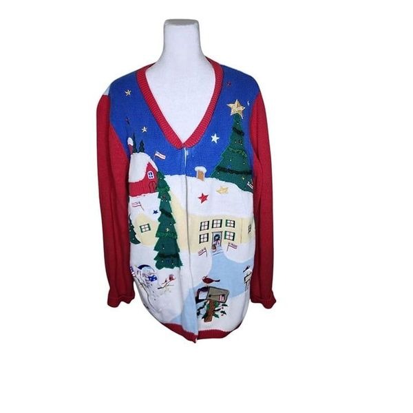 Vintage 90s Quaker Factory Christmas Cardigan Sweater Angel Womens L Blue