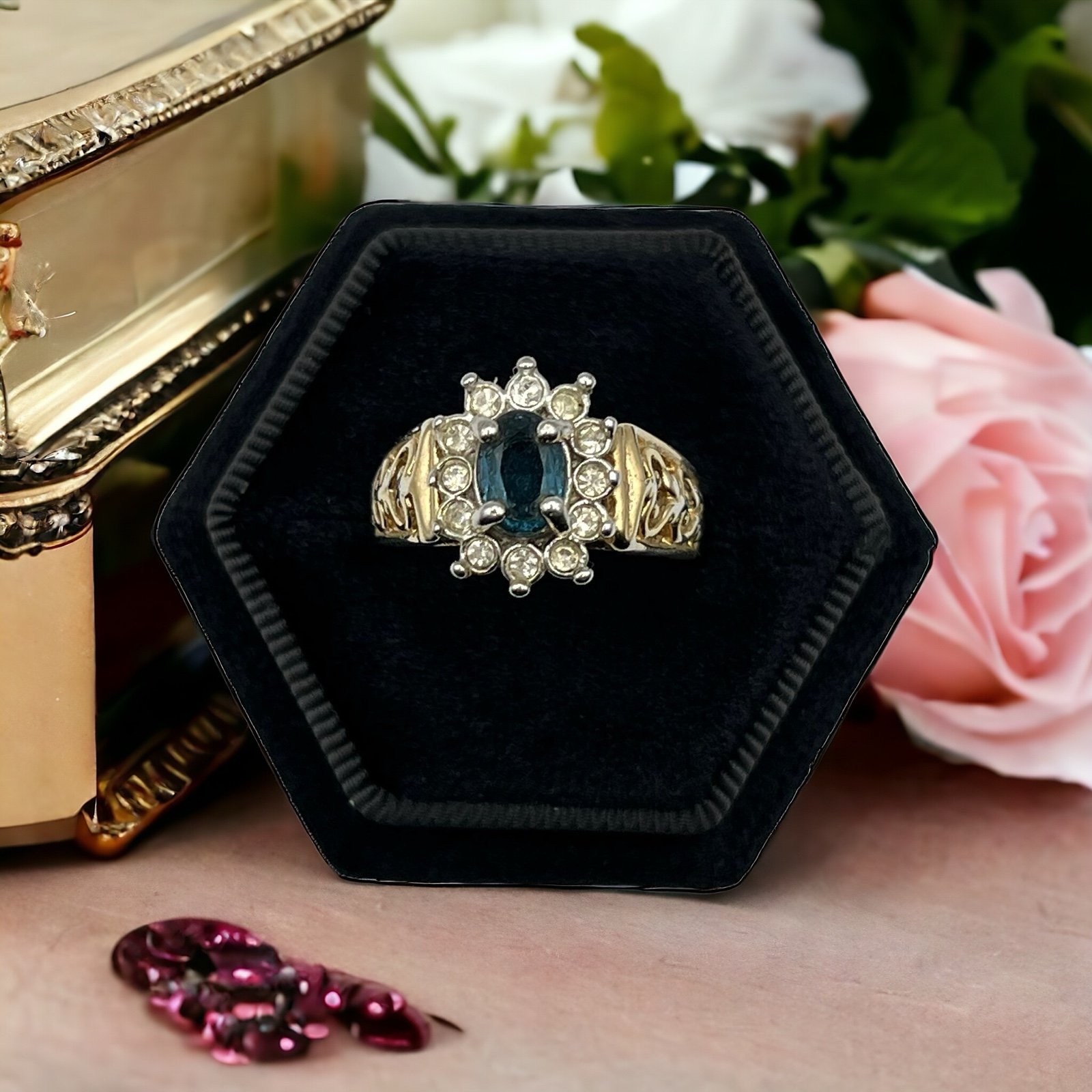 Vintage 14K GE Gold Plate Light Blue Stone Clear Rhinestones Heart Love Ring 6.5