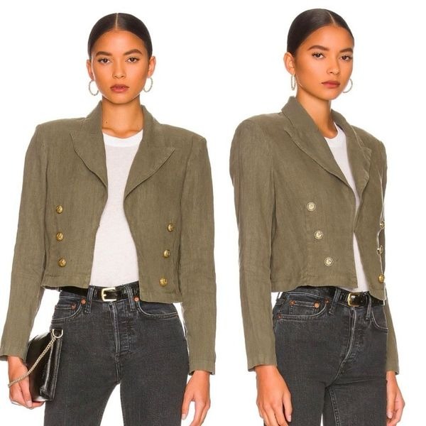 L’AGENCE Dolly cropped olive green military linen blazer jacket small