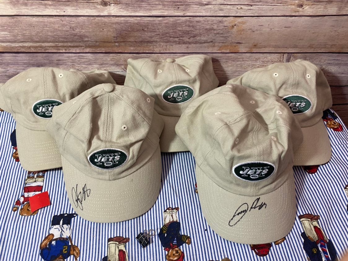New York Jets Hat lot of 5 from spring training 2 signed but unknown players offering 100%