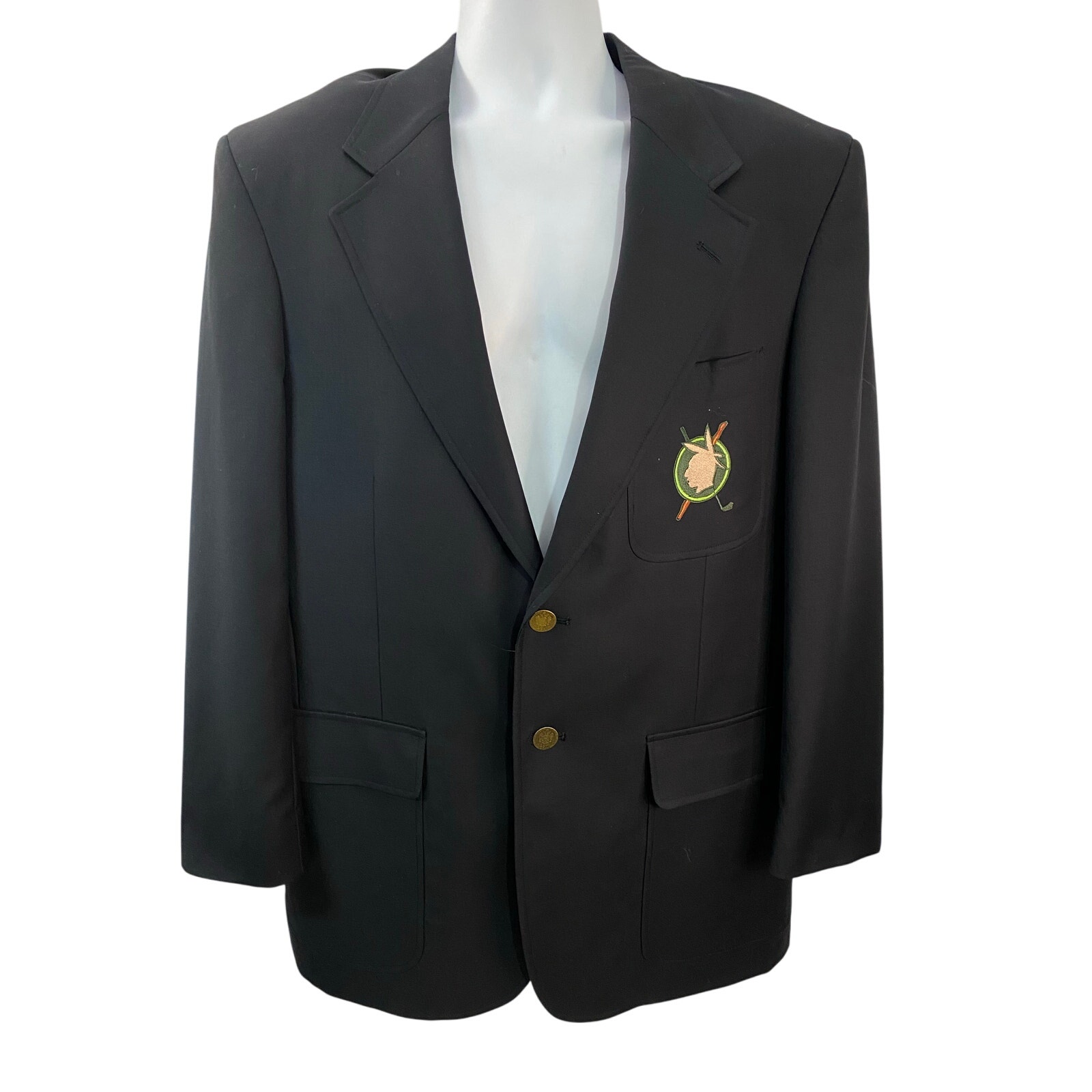 Vintage Corbin Black Blazer Sports Coat Jacket Club Patch Made in USA 22x32