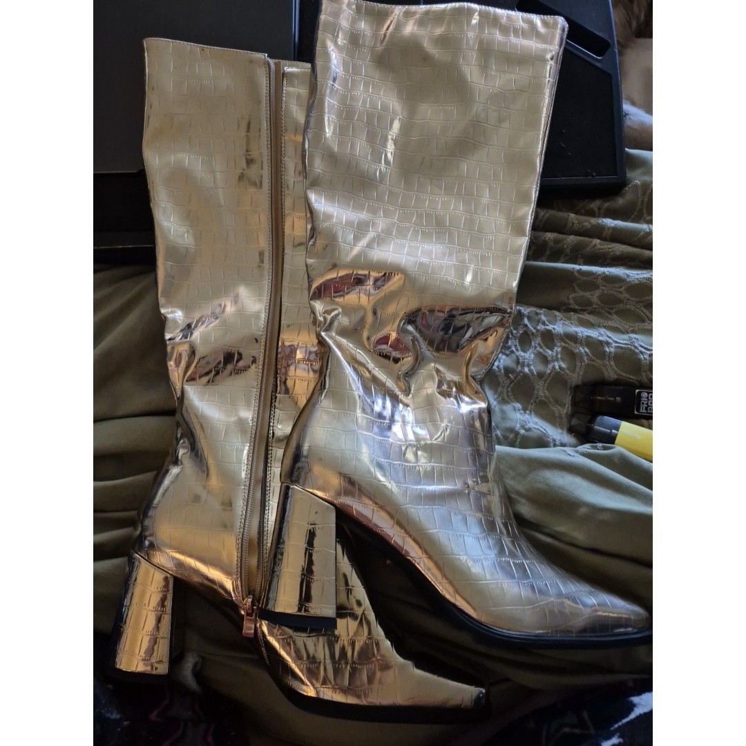 Modatope Gold Women Knee High Boots Faux Crocodile Square Toe Size Eu43, W12