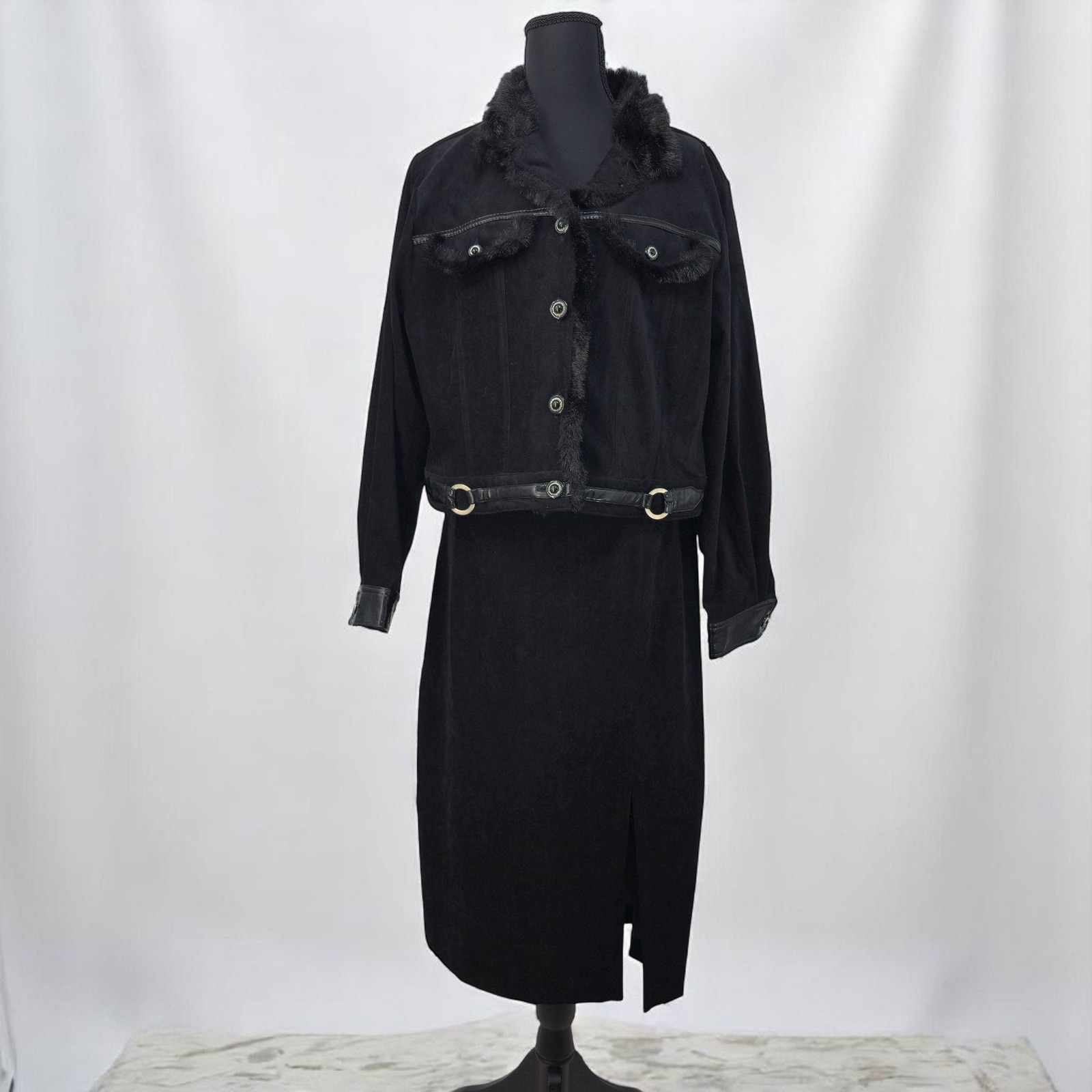 VTG Nancy Bolen City Girl Petite Skirt Set Jacket Faux Fur Trim Black Woman XL
