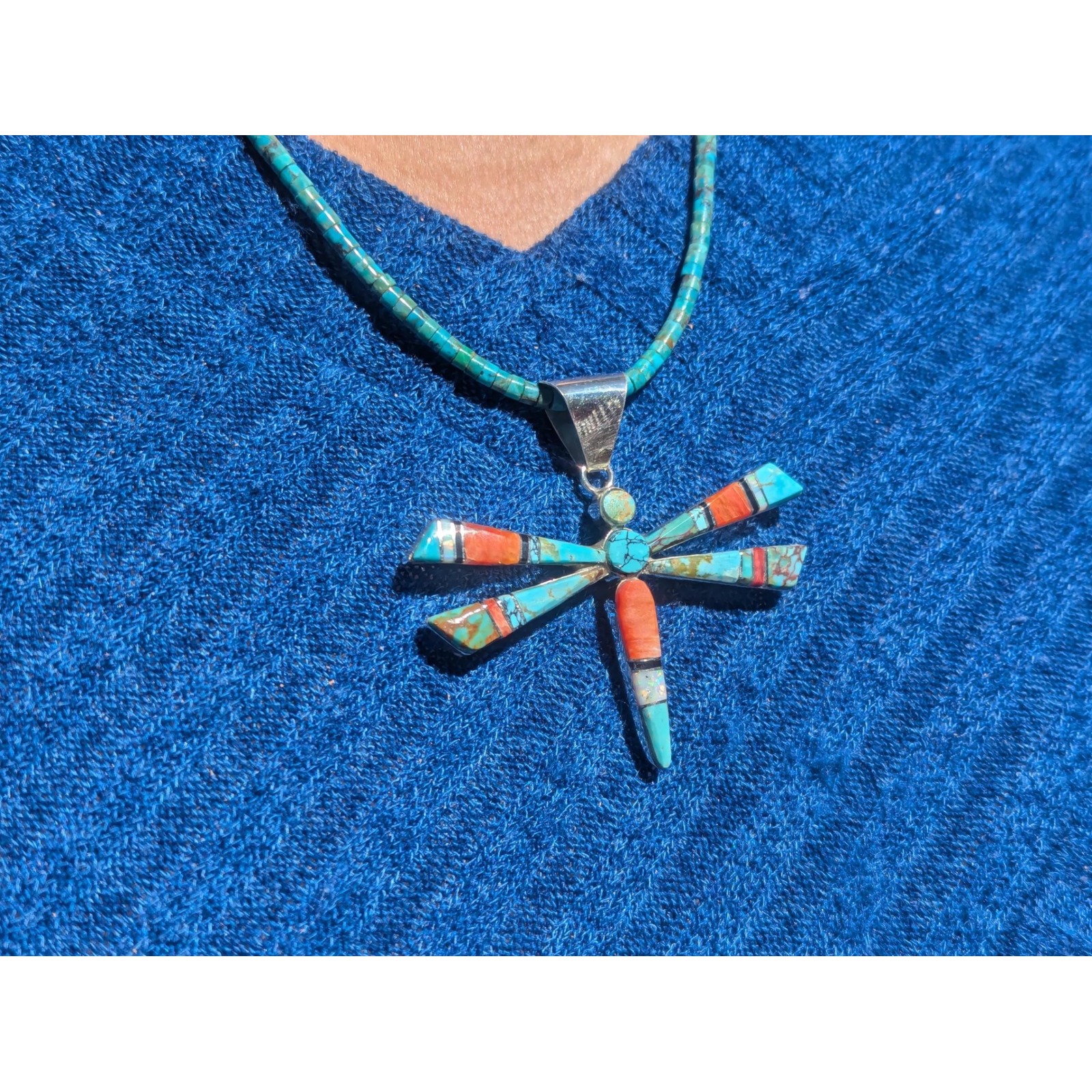 Navajo Turquoise Necklace Dragonfly Inlay Sterling Silver Signed Jewelry***
