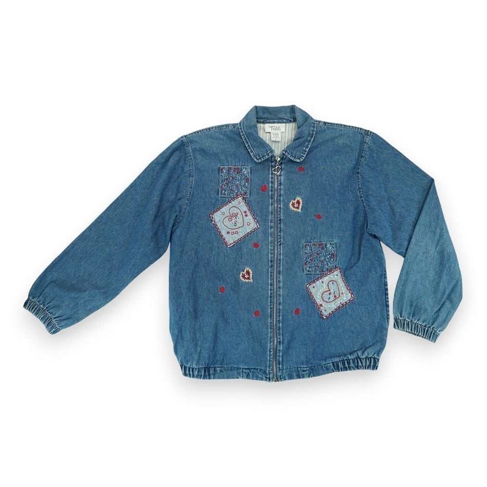 VINTAGE TEDDI Women's Denim Full Zip Floral Embroidered Jean Jacket Size Large