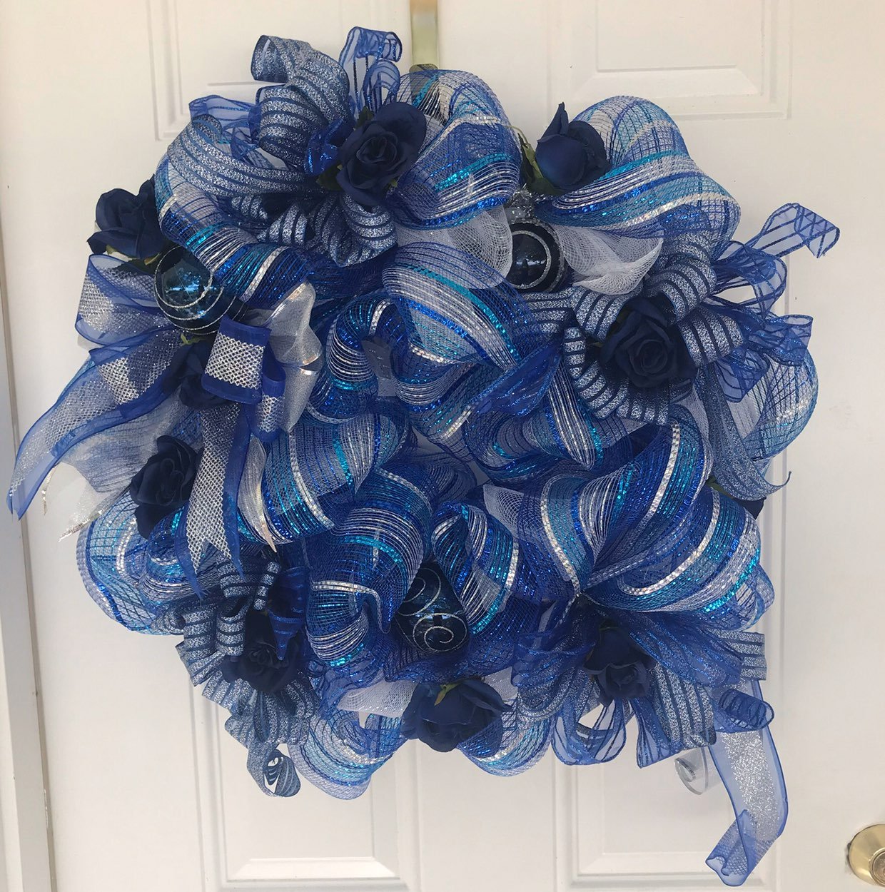 blue Christmas front door wreath