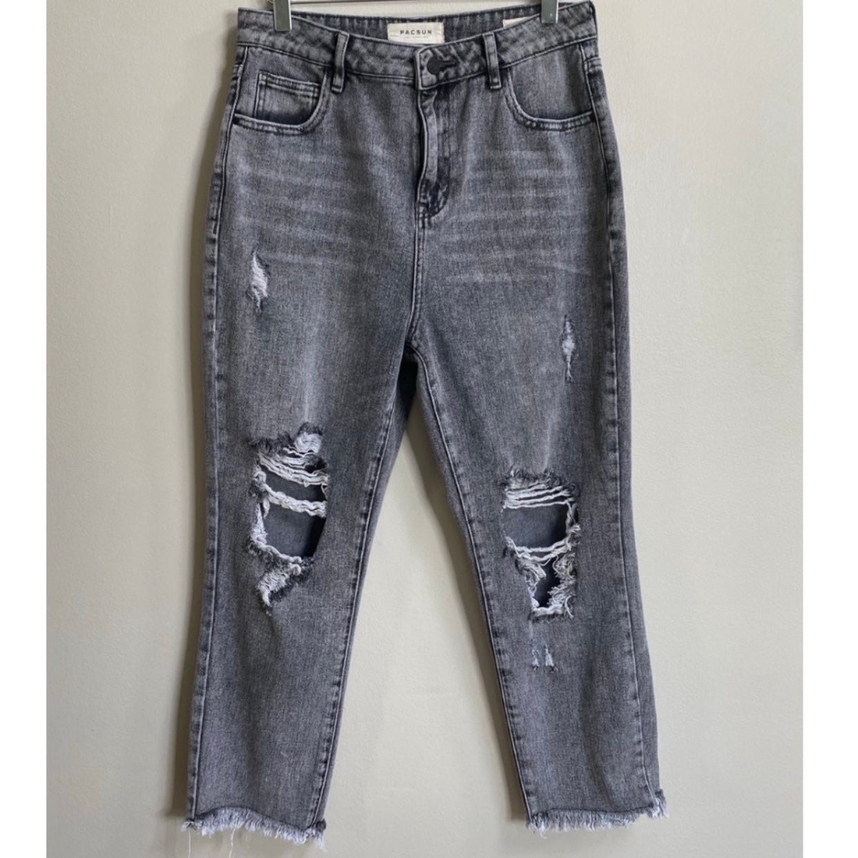 PacSun Grey Black Wash Distressed Crop Raw Hem Mom Jean Size 28