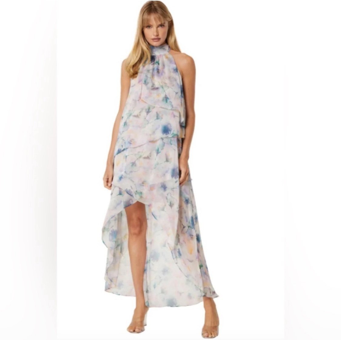 NWT MISA LOS ANGELES Vivian Dress High Low Blue Watercolor Halter Size Small