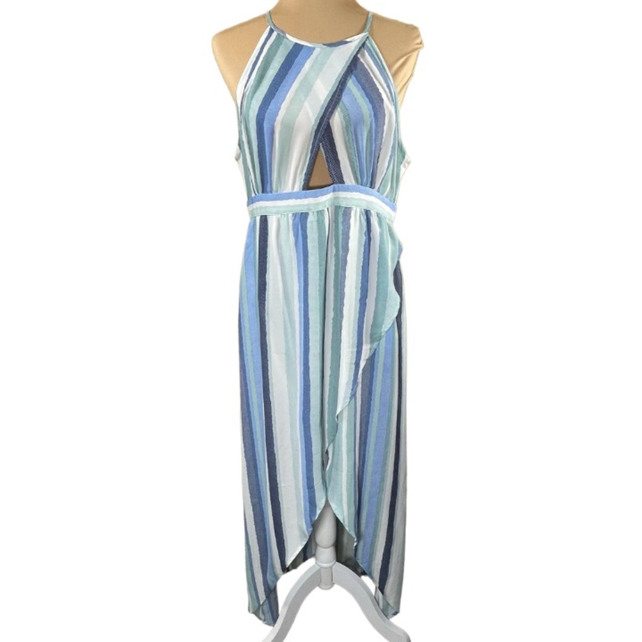 Promesa Halter Dress Striped Keyhole Front High-Low Hem Blue Green Size L
