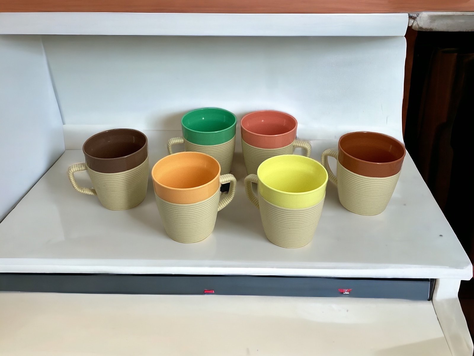 Rare Vintage SET 6 Mid Century RAFFIA WARE Thermal MUGS MCM