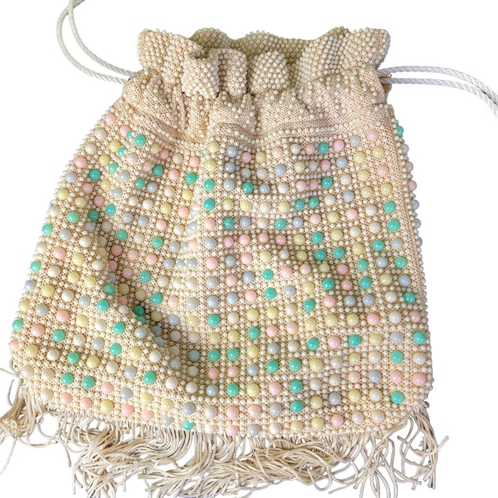 Vintage 60s Colorful Candy Dot Bag Beaded Purse Handbag Women Fringe Pastel Pink