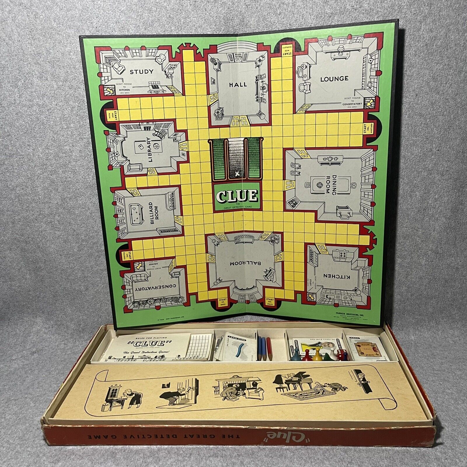 vintage 1949 Parker Brothers Clue board game, cards w old graphics & game pieces