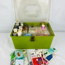 Vintage Green Wilson Wil-Hold Sewing Storage Box FULL Sewing Notions w/ 2 Trays