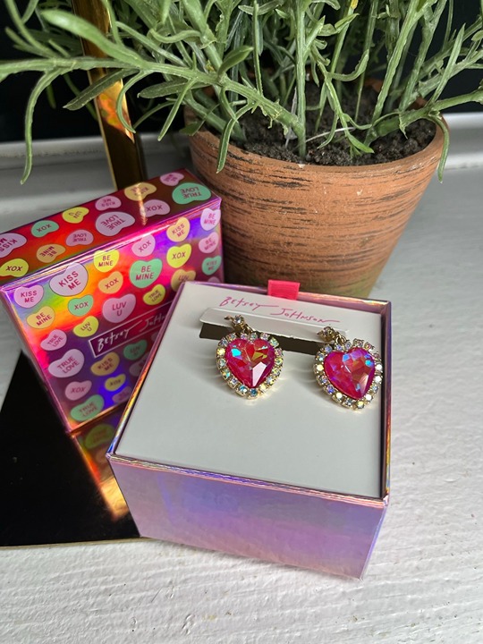 Betsey Johnson Gold Tone Red Crystal Heart Drop Earrings Clear Crystal Accents