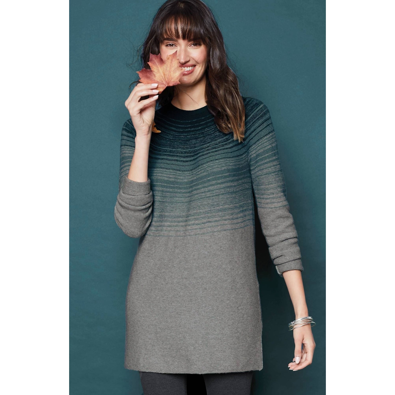 J Jill Sz 2X Striped Ombre Pullover Raglan Tunic Sweater Green Gray Cotton Blend