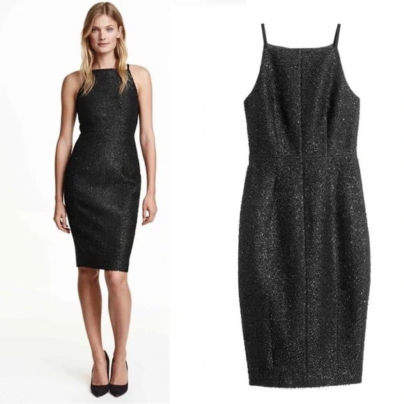 H&M Black Shimmer Tinsel Midi Cocktail Dress - Holiday Party Ready - Size 6