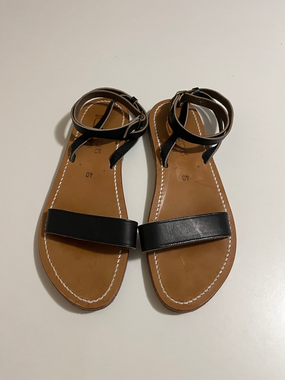 K Jacques KJ St Tropez Black Leather Strappy Ankle Flat Sandals Sz 40/9.5 Beach