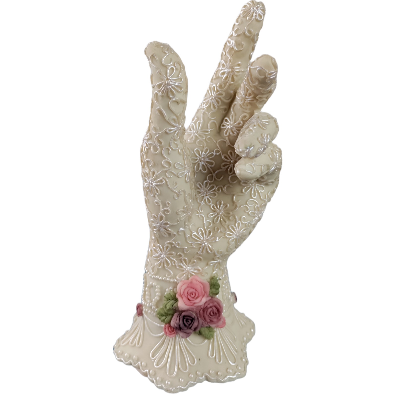 Hand Ring Holder Dezine Beautiful Vintage Detailing Lace Pearls Rose Buds 8-1/2