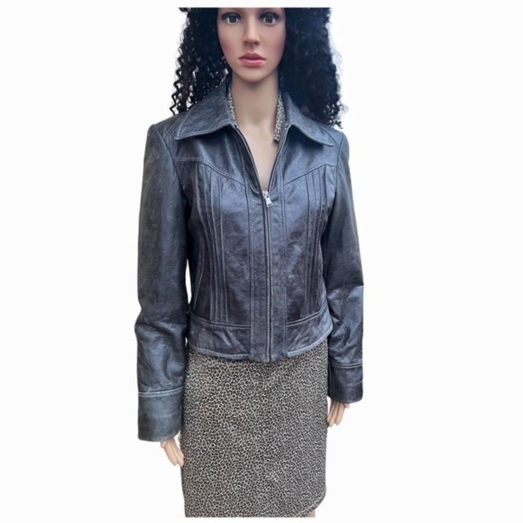 Guess Grey Genuine Leather Moto Jacket Size M