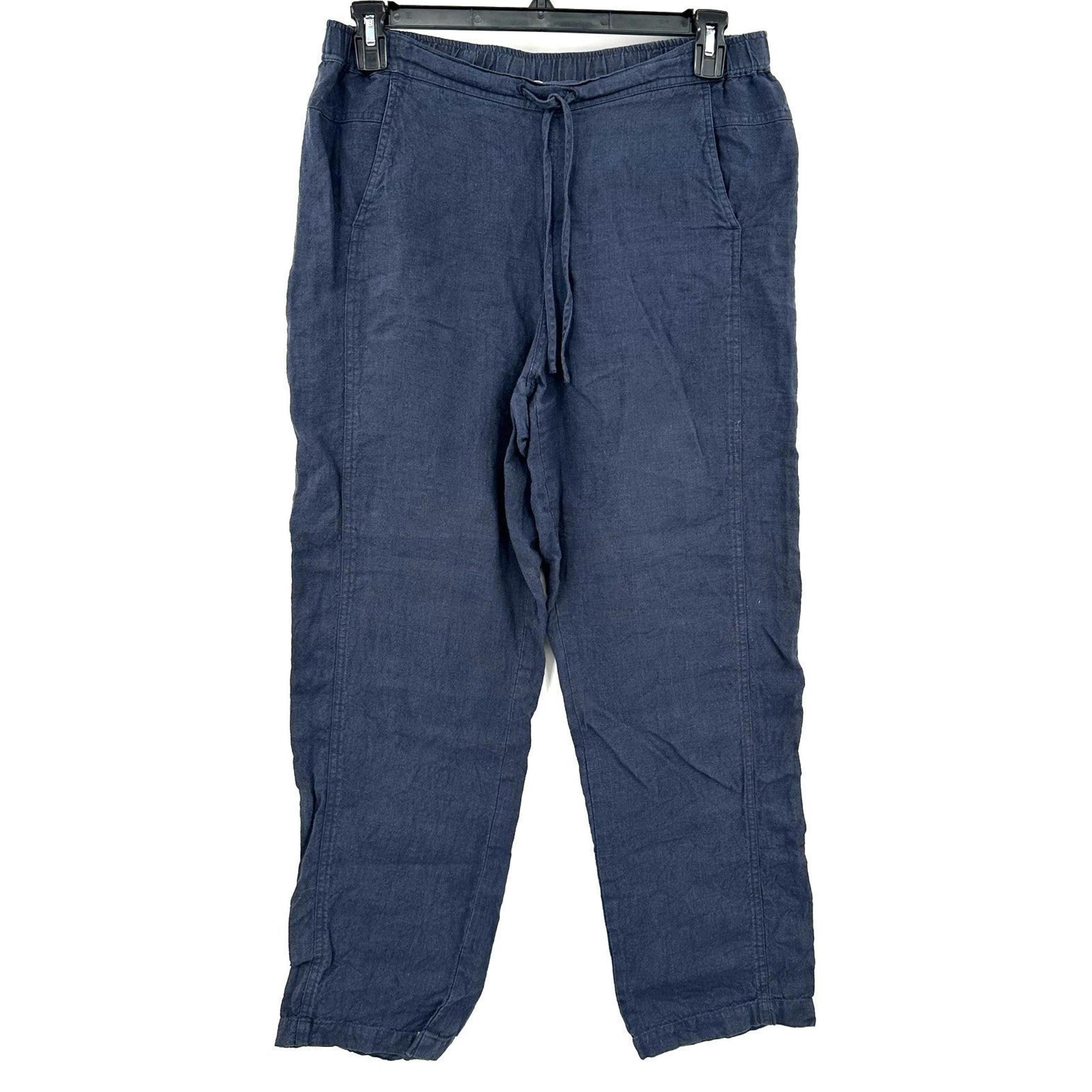 Orvis Size Medium Tie Waist Pants Blue 100% Linen Comfy Fit w/ Pockets