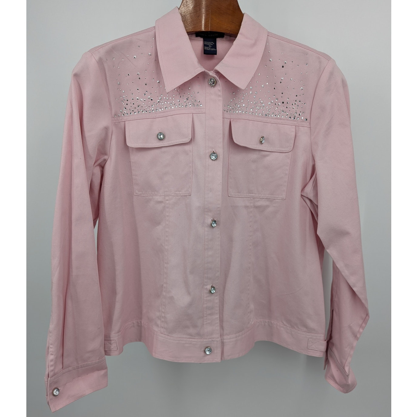 Vintage Pink Rhinestone 100% Denim Jean Jacket Size XL Coastal Cowgirl Western