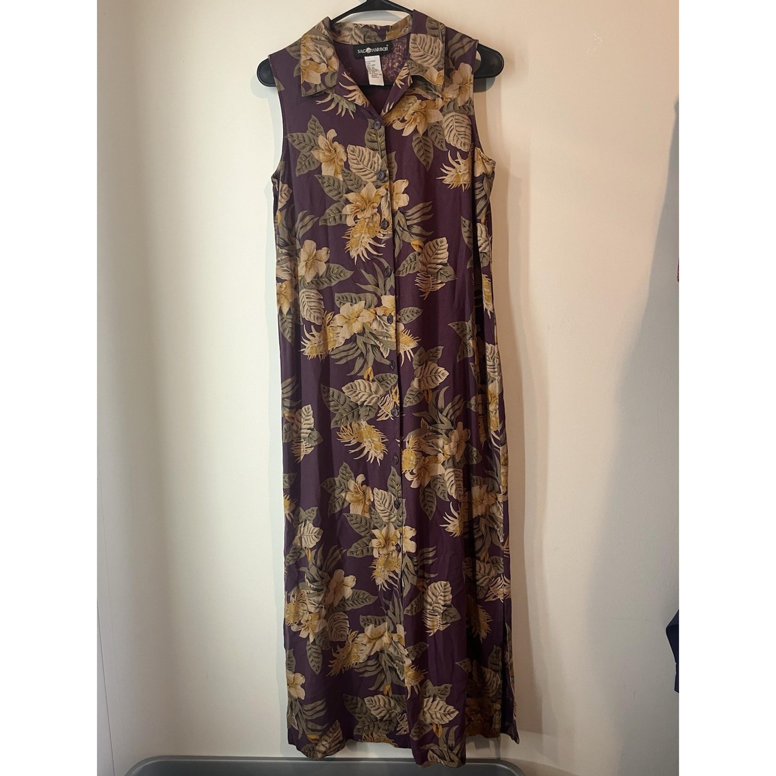 Vintage Sag Harbor 100% Silk Full Button down Maxi Dress Sleeveless Collared Sm