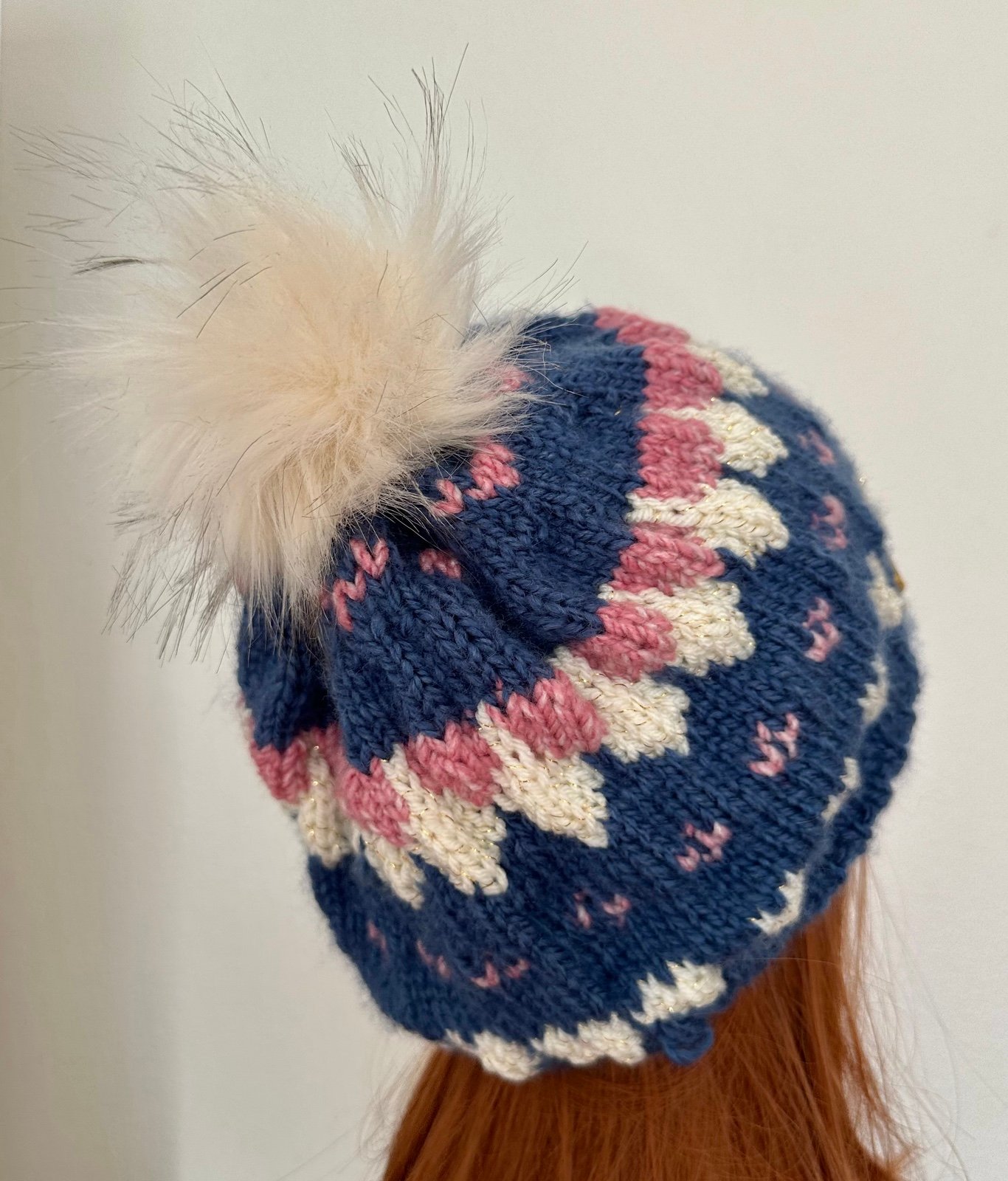 Hand Knits 2 Love Beanie Hat Cap Fair-isle Hearts Faux Fur Pom Pom Designer